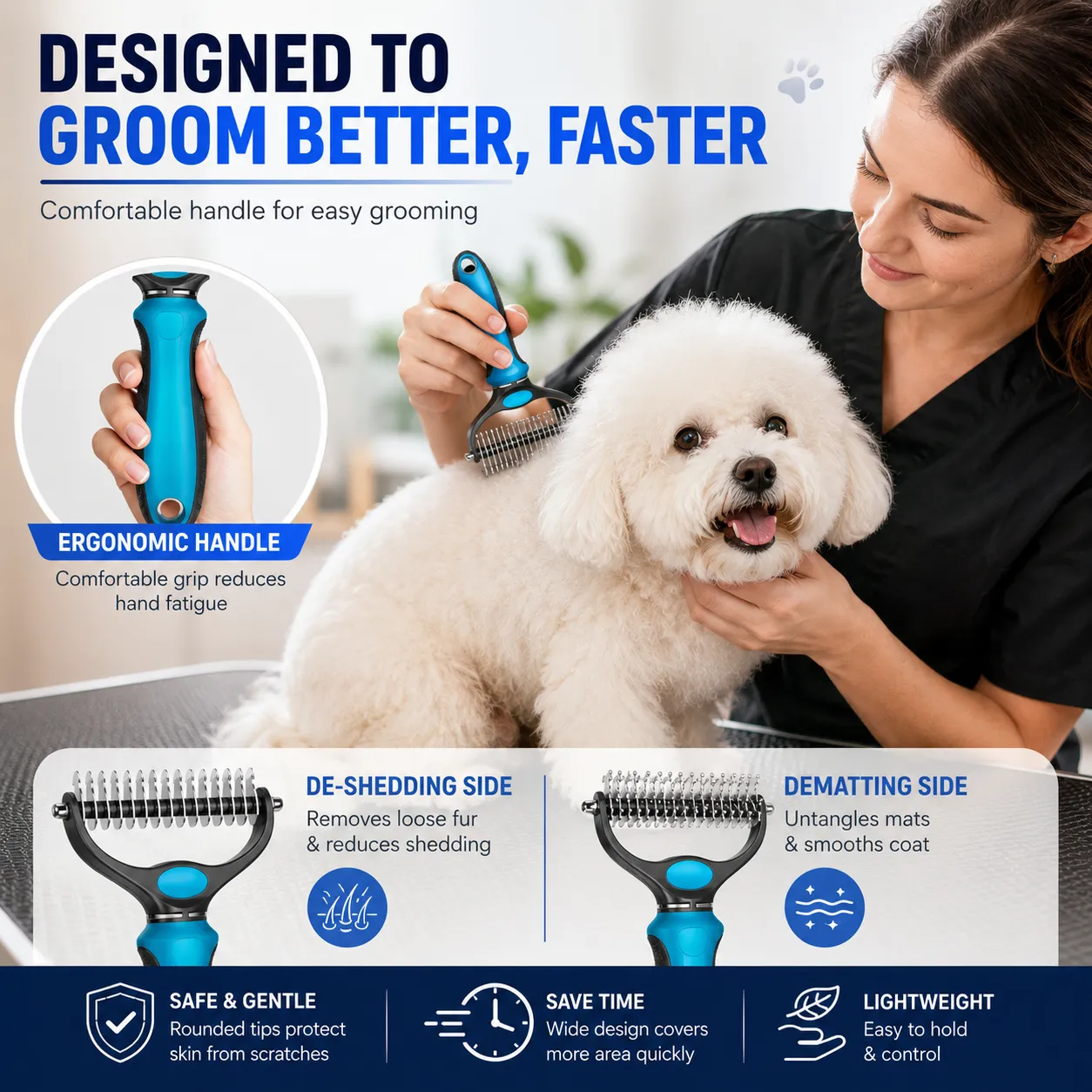Gentle pet grooming brush