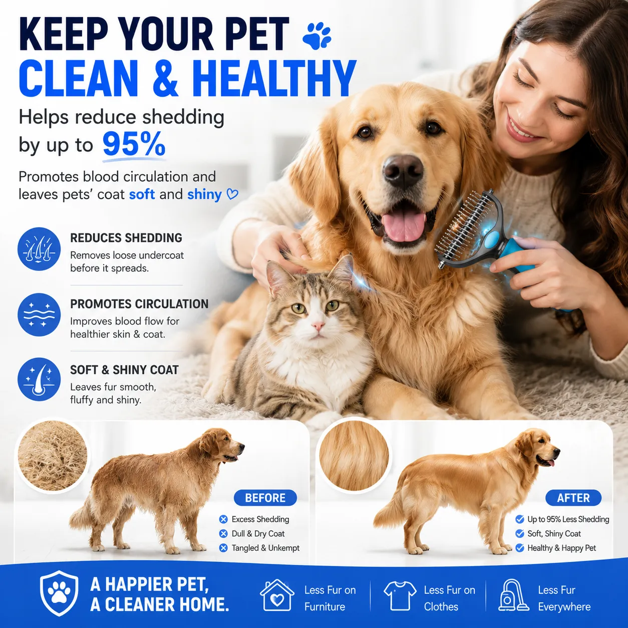 Pet grooming brush features